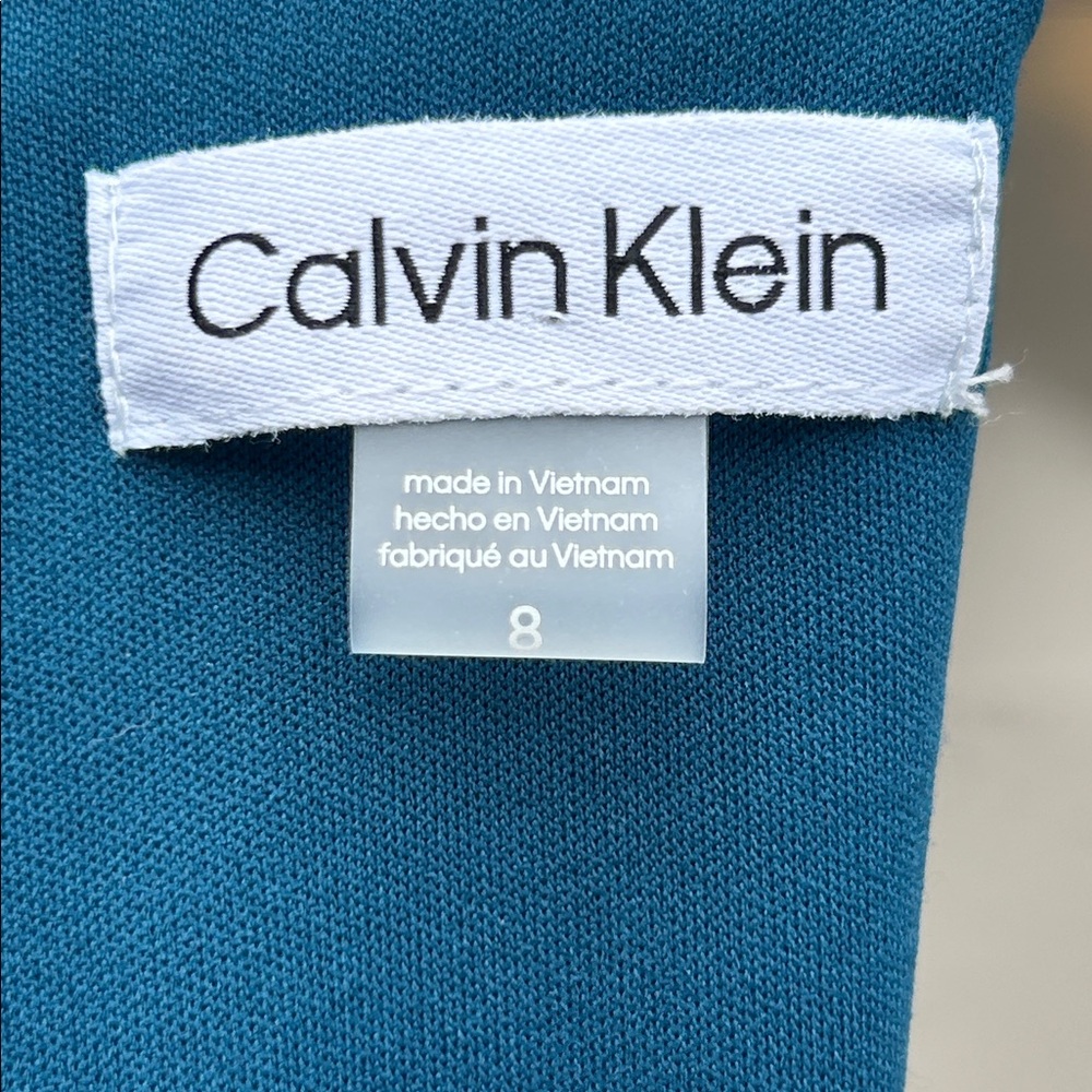Calvin Klein Velvet V-Neck Dress Gold V-Bar Side Ruching Aquamarine Blue | Sz 8 - Picture 6 of 14